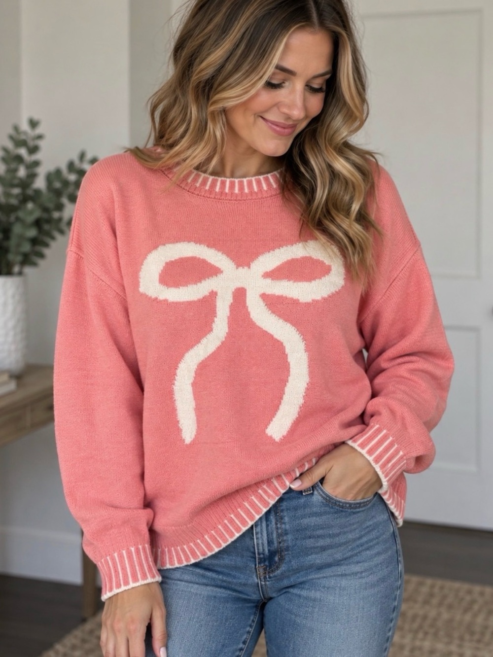 Pink Bow Sweater Women’s Large Coquette Preppy Knit Pullover